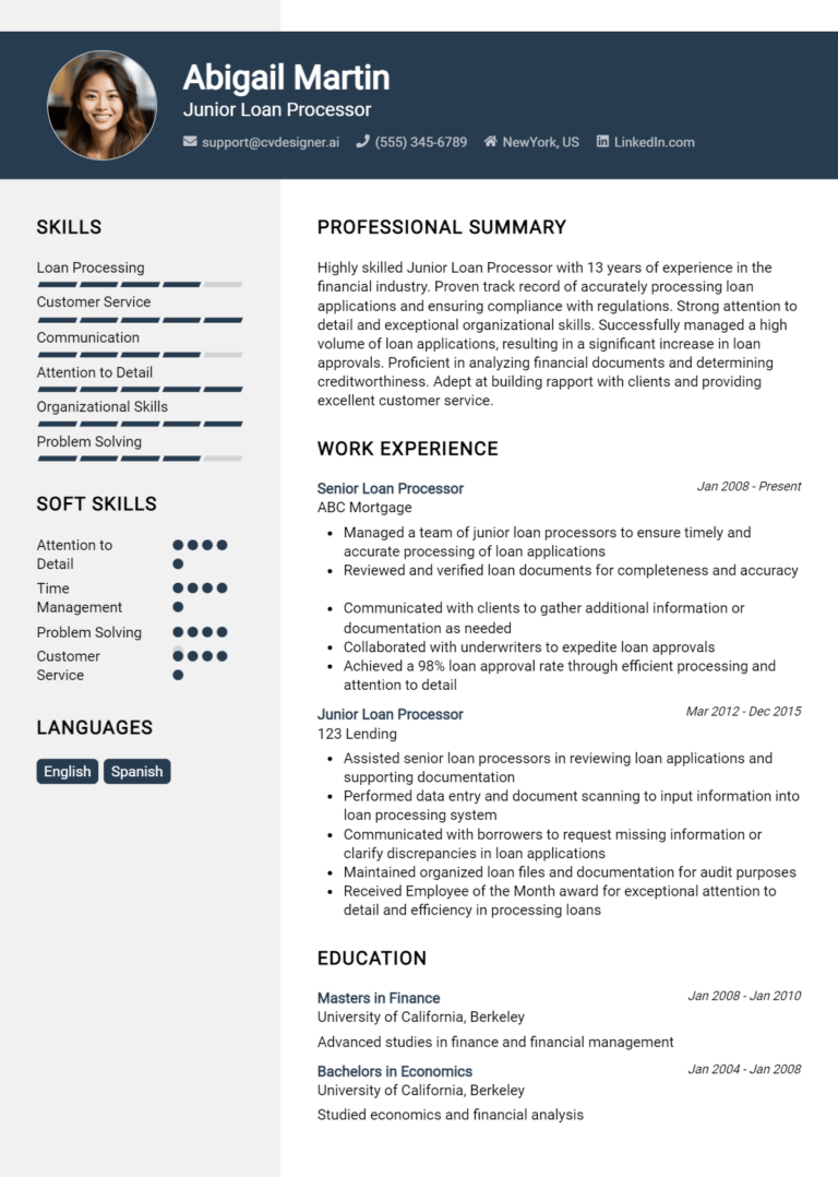 Junior Loan Processor Resume Example for 2025: Strategies & Templates