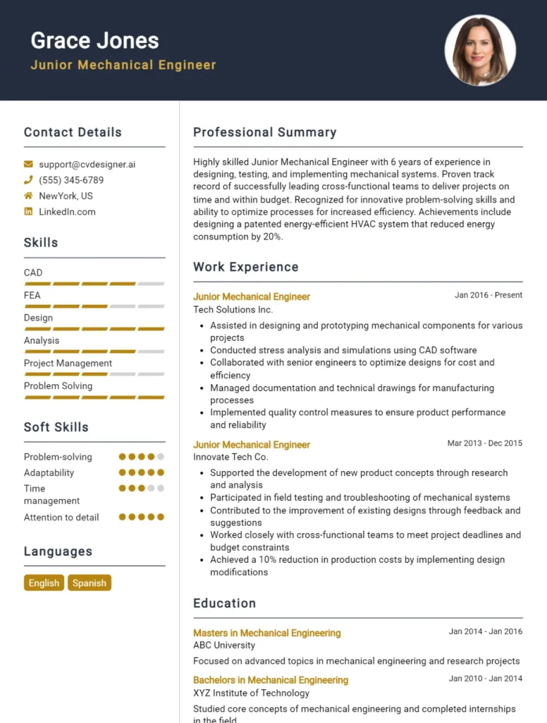 Junior Mechanical Engineer CV Example