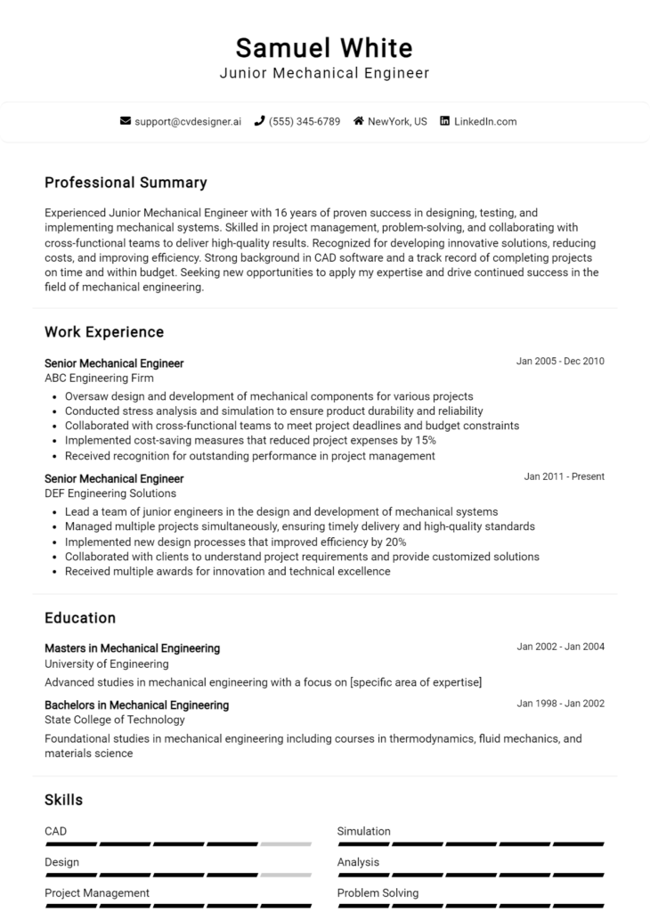 Junior Mechanical Engineer Resume Example