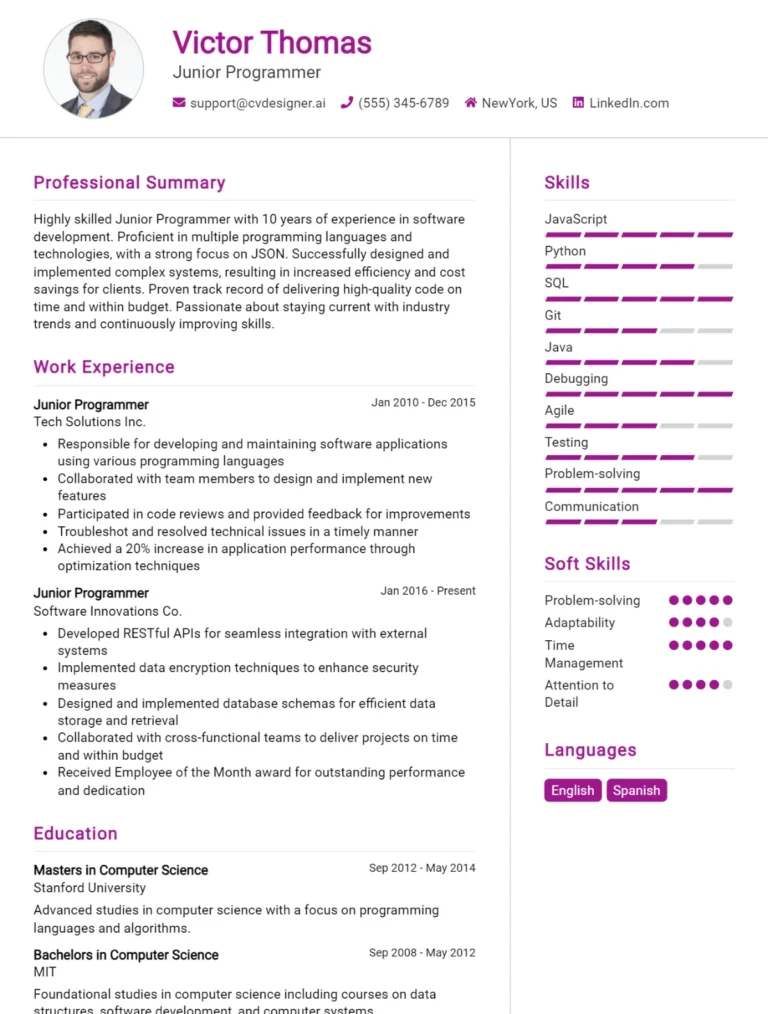 Junior Programmer CV Example For 2025: Ultimate Guide