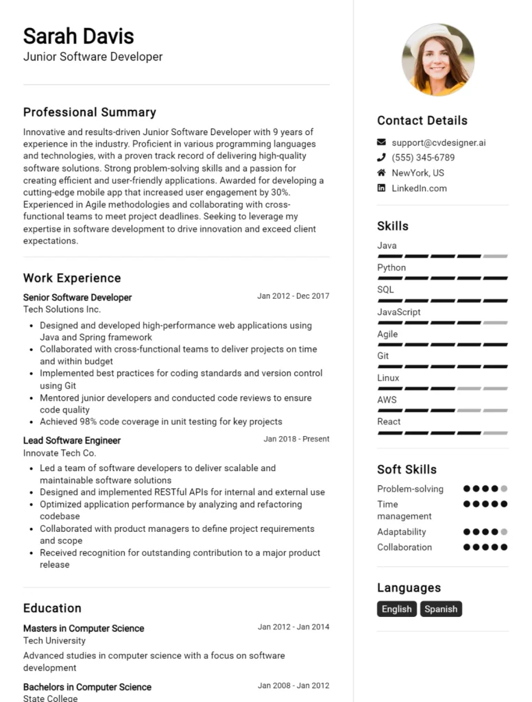 Junior Software Developer CV Example