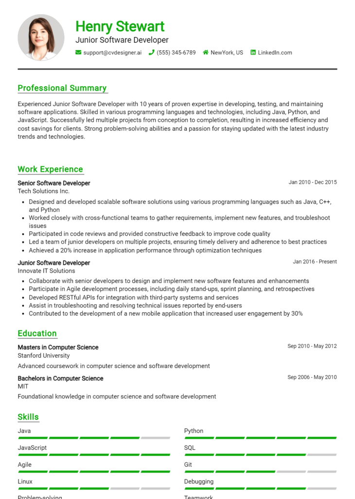 Junior Software Developer Resume Example