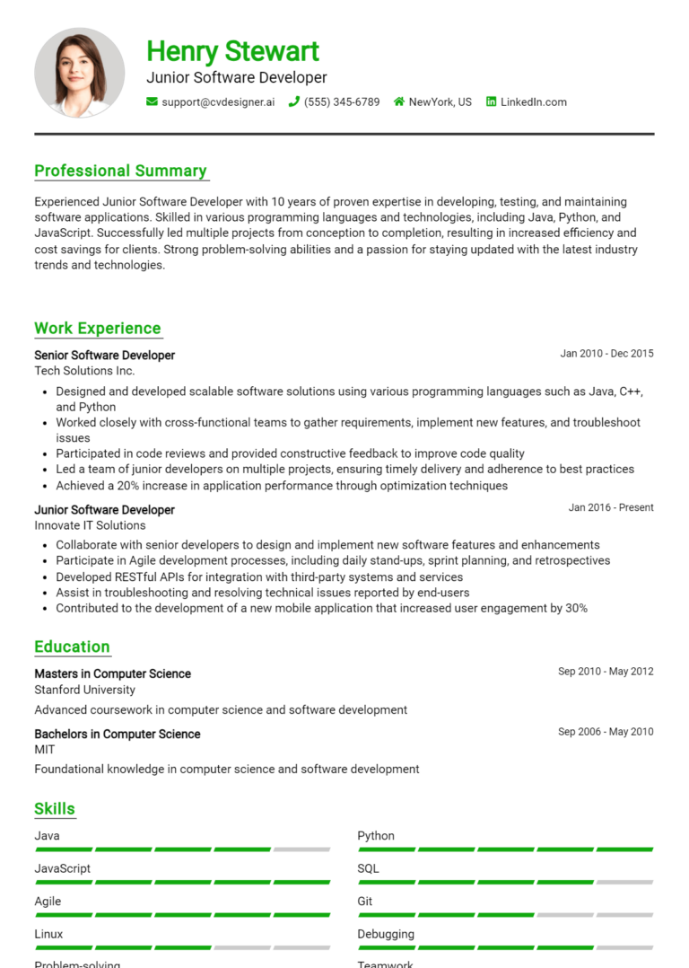 Junior Software Developer Resume Example for 2025: Free Samples