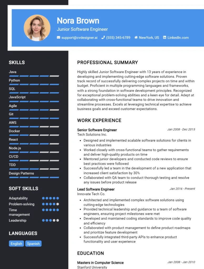 Junior Software Engineer CV Example