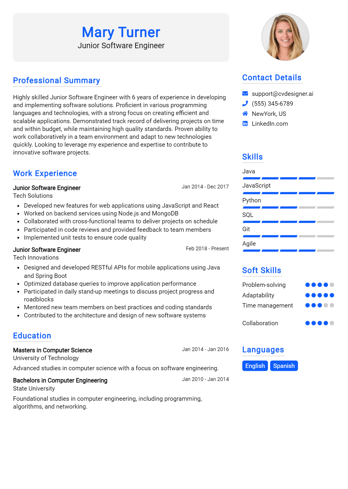 Junior Software Engineer Resume Example