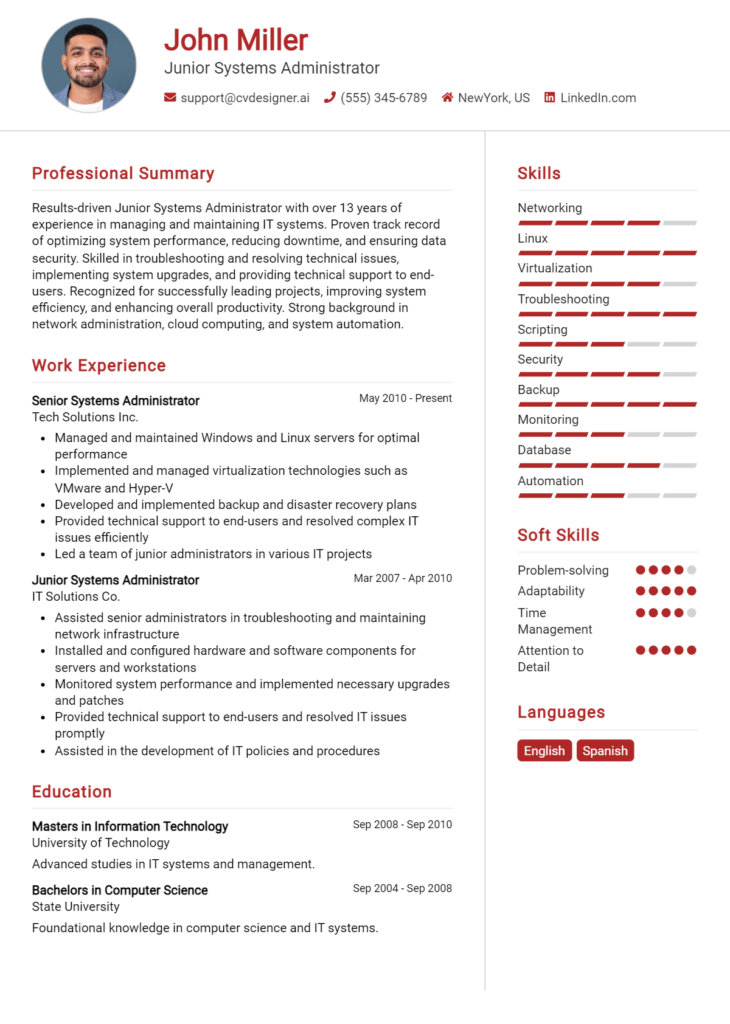 Junior Systems Administrator Resume Example