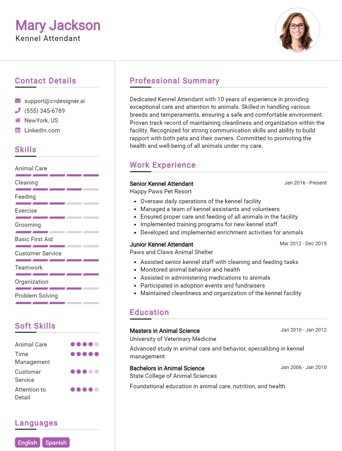 Kennel Attendant CV Example