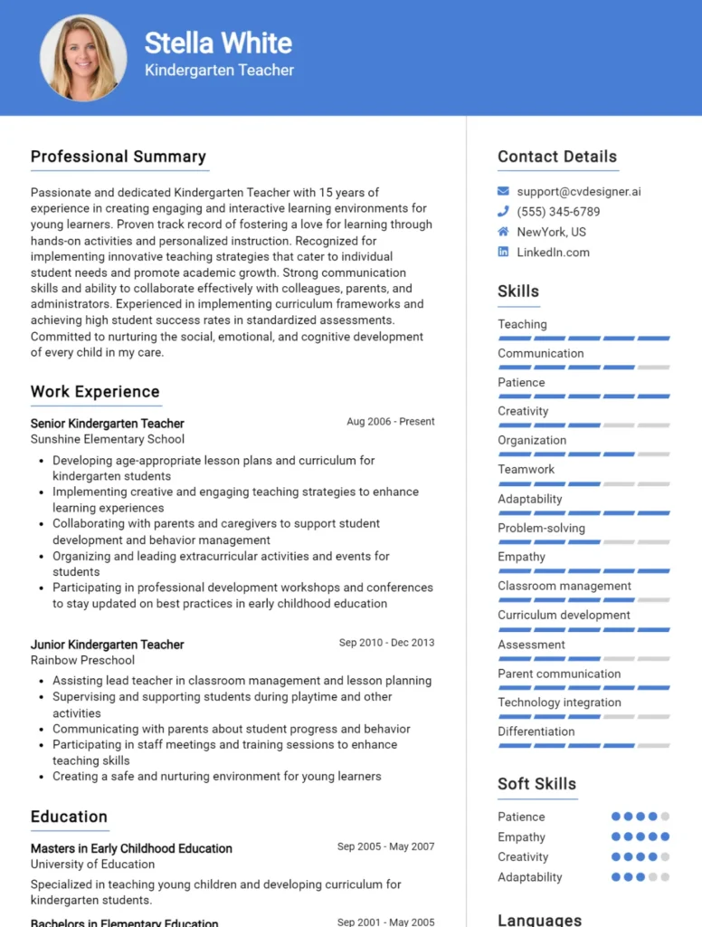 Kindergarten Teacher CV Example