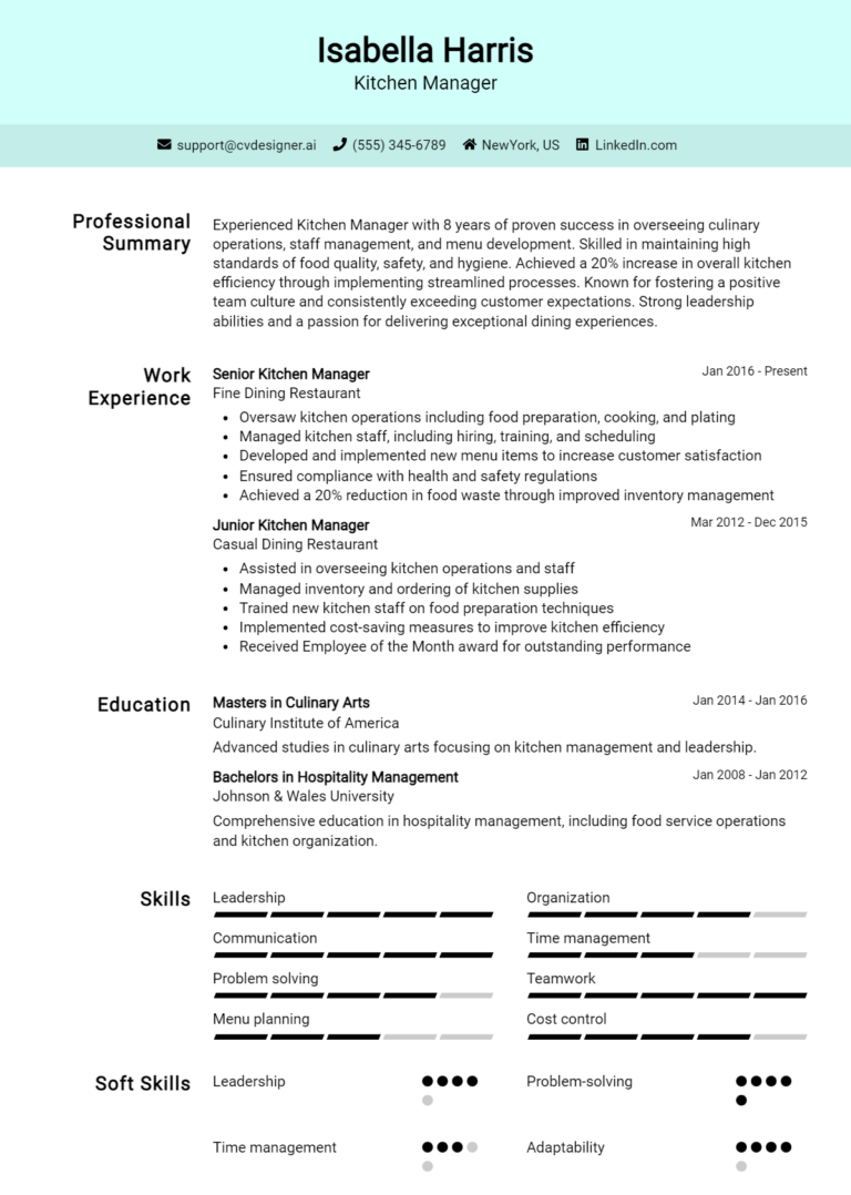 Kitchen Manager Resume Example for 2025: Effective CV Writing Tips