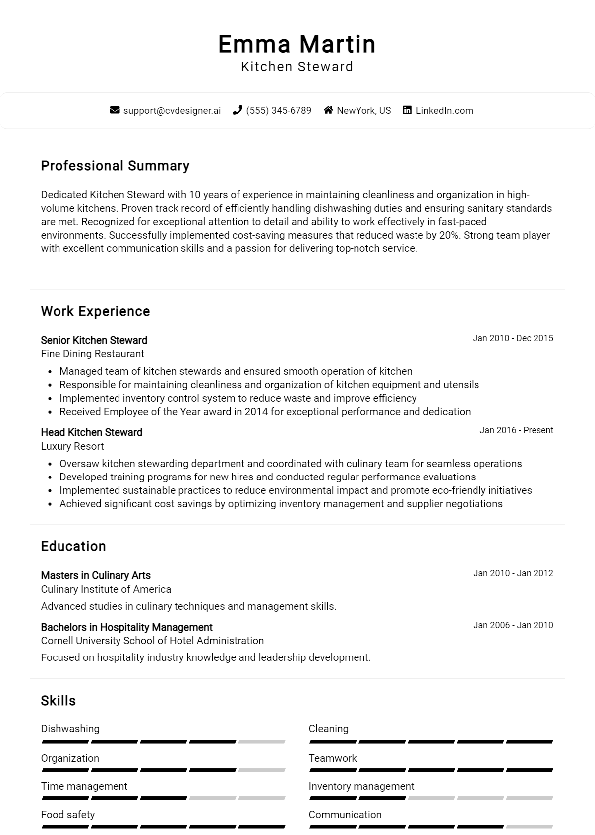 Kitchen Steward Resume Example