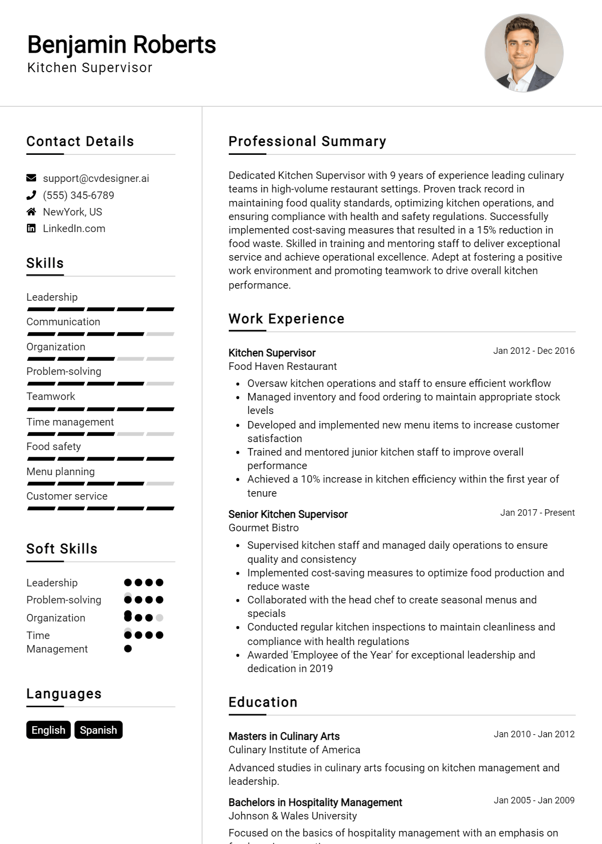 Kitchen Supervisor Resume Example