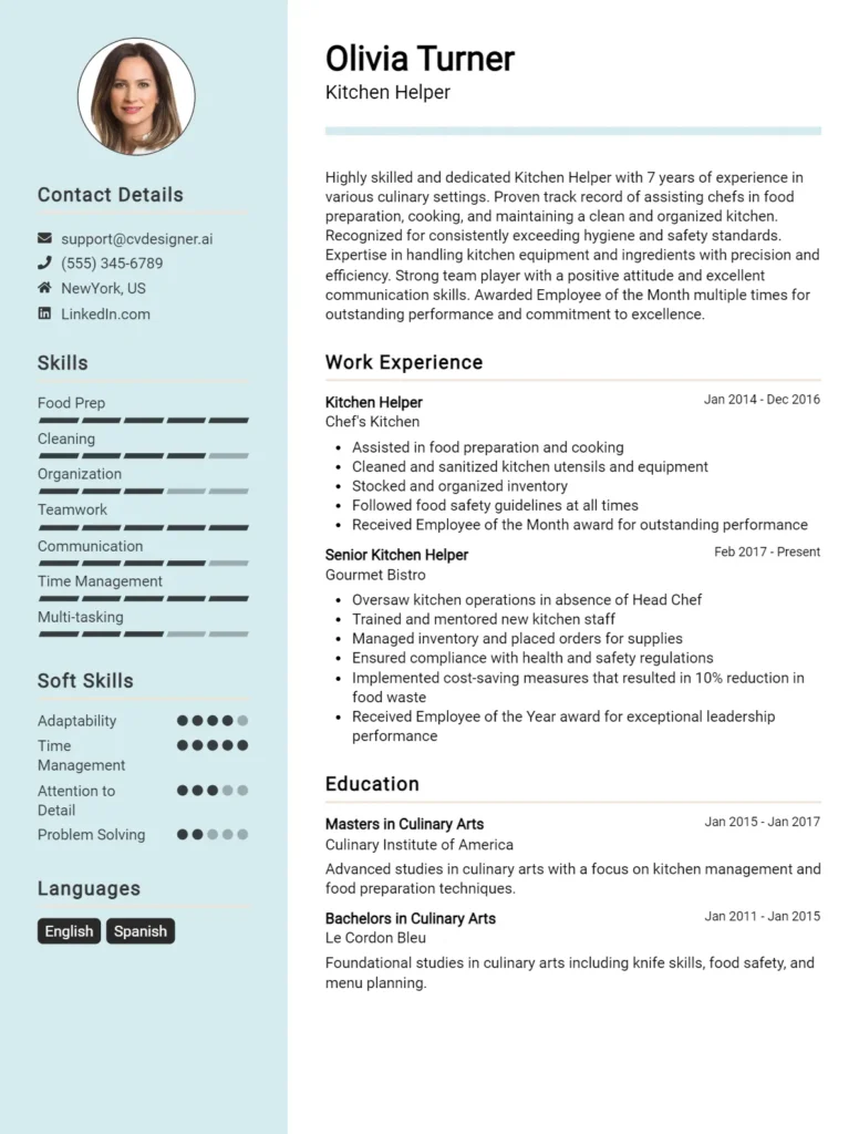 Kitchen Helper CV Example