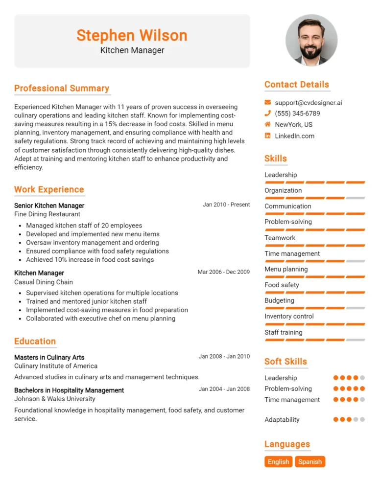 Kitchen Manager CV Example