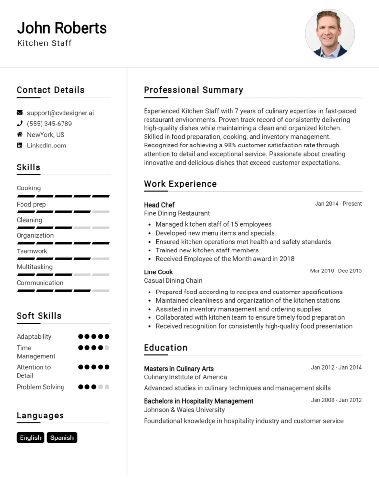 6 Kitchen Steward CV Examples & Free Templates For 2024 - CVDesigner.ai