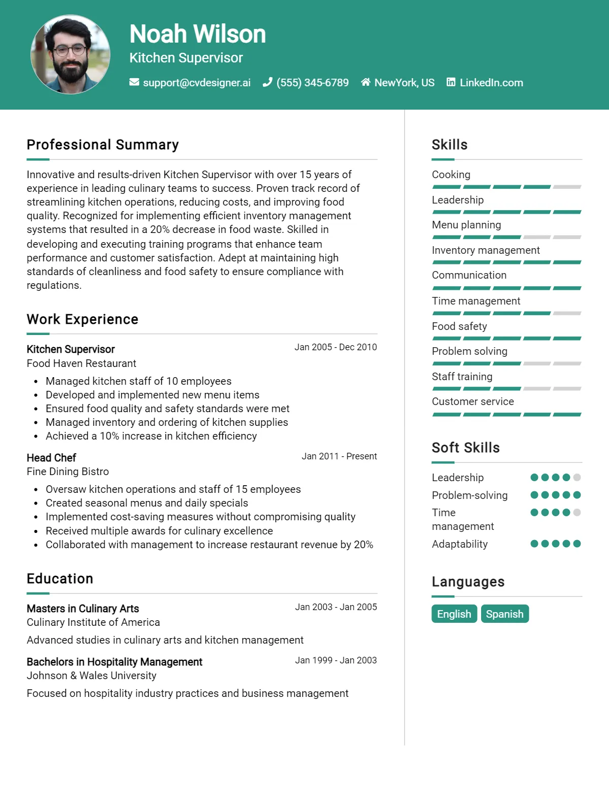 Kitchen Supervisor CV Example