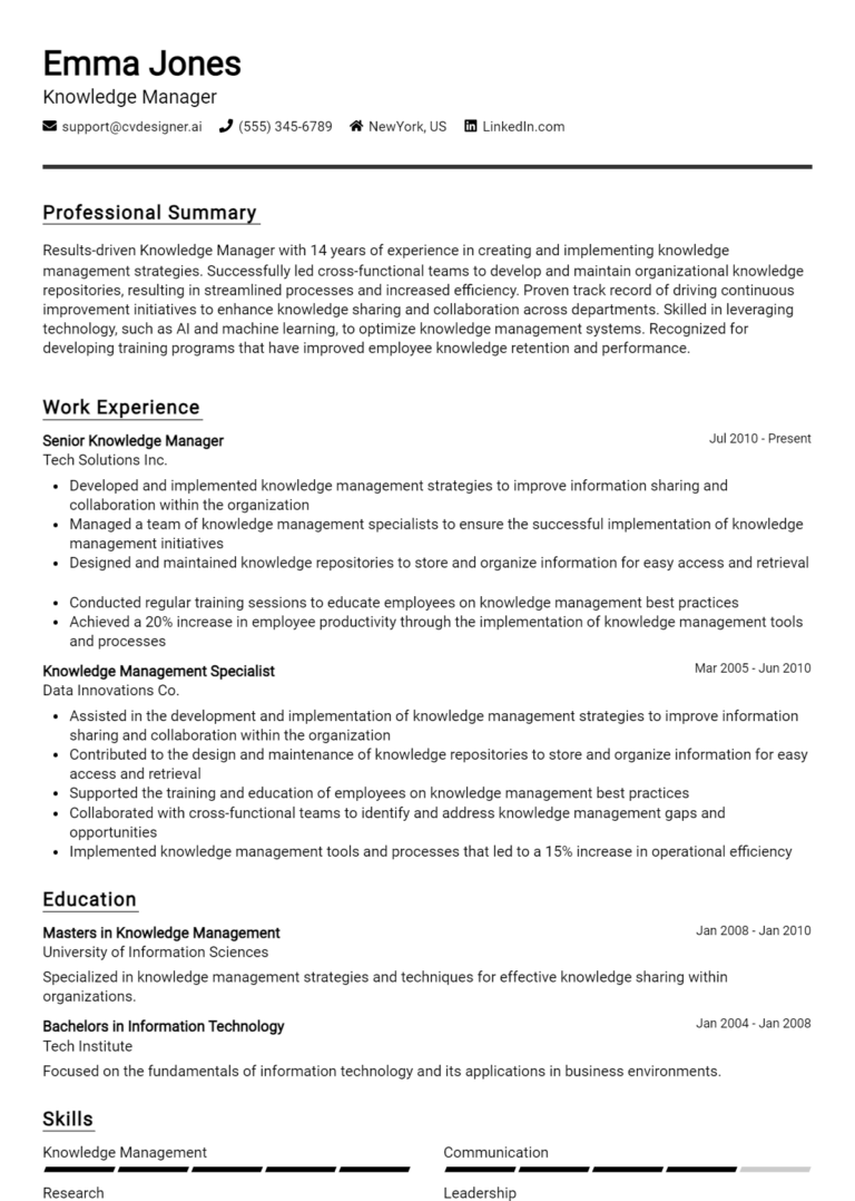 Knowledge Manager Resume Example for 2025: How to Create a Professional CV