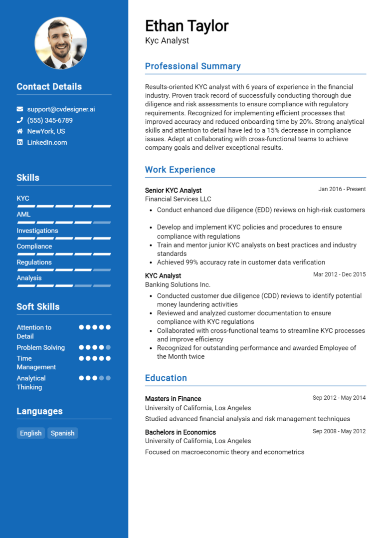 Kyc Analyst Resume Example for 2025: Free Professional Templates