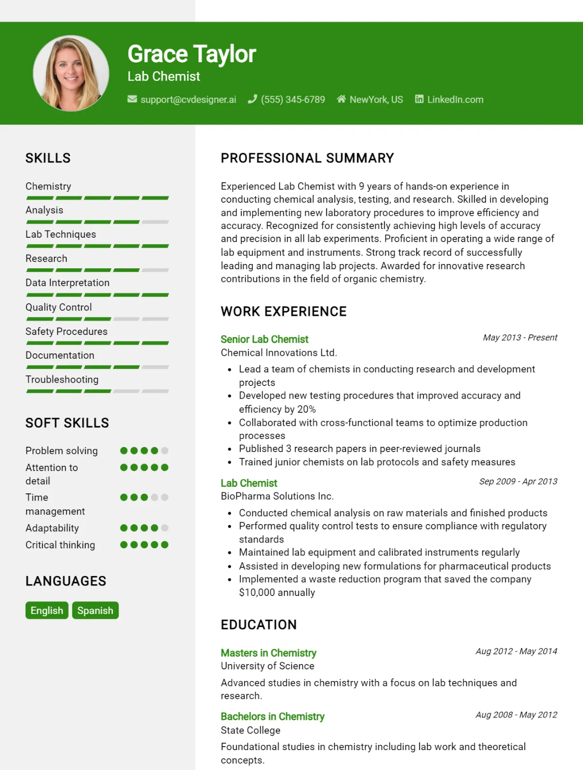 Lab Chemist CV Example