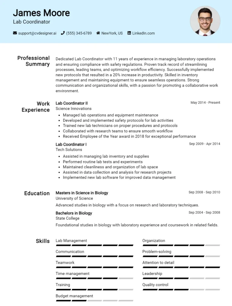 Lab Coordinator CV Example For 2025: Free Downloadable Templates