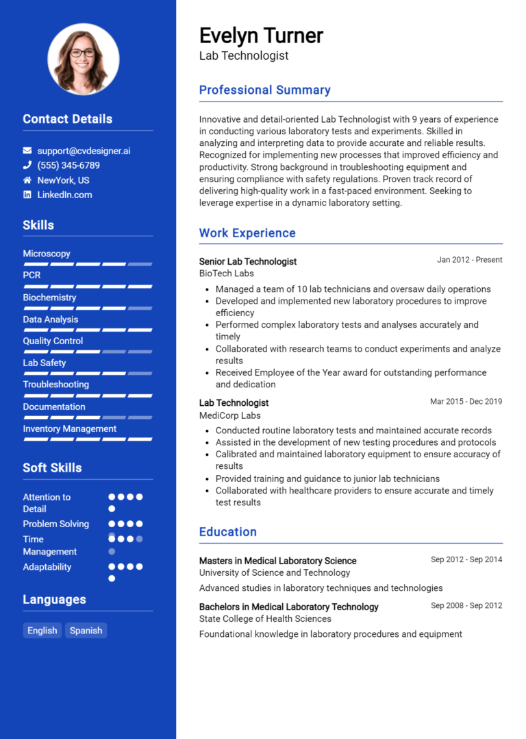 Lab Technologist Resume Example for 2025: Examples & Free Templates