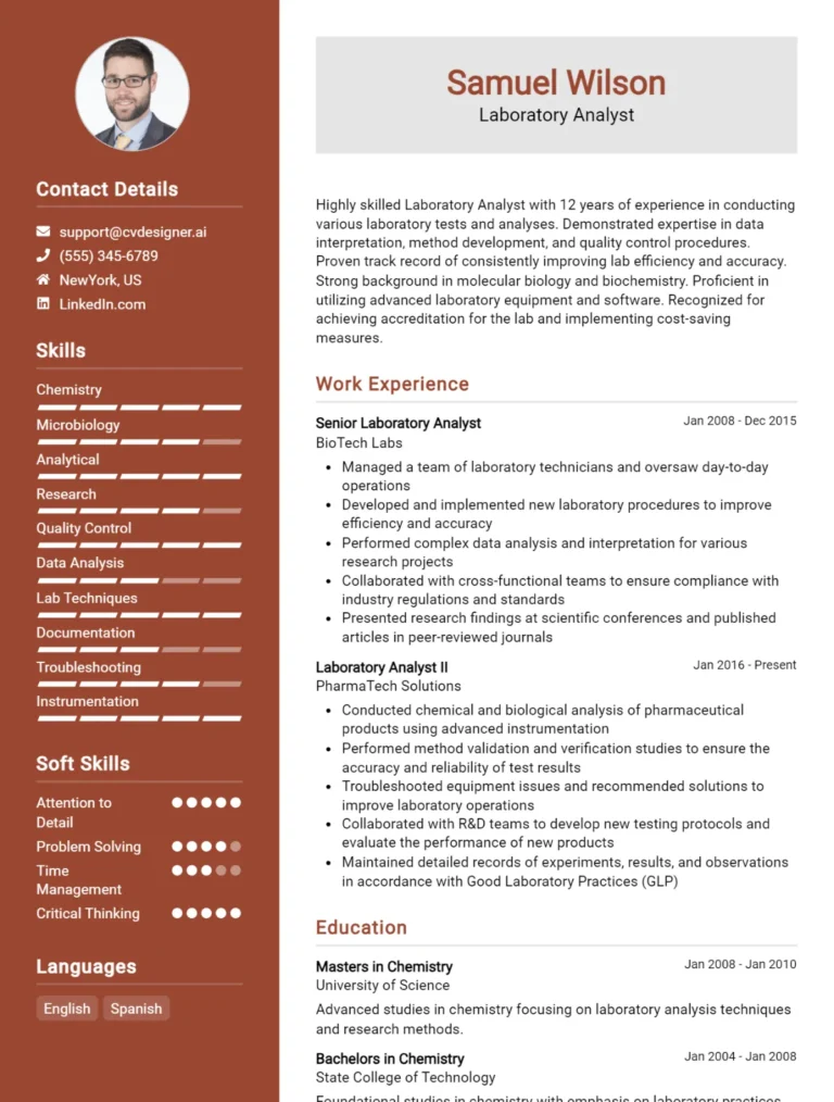 Laboratory Analyst CV Example For 2025: Professional CV Templates