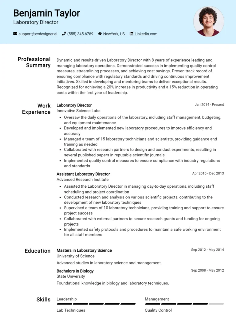 Laboratory Director CV Example For 2025: How to Create a Professional CV