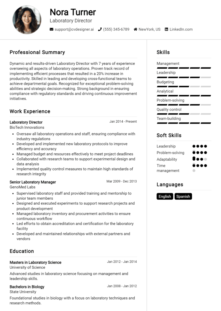 Laboratory Director Resume Example for 2025: Best Writing Guide