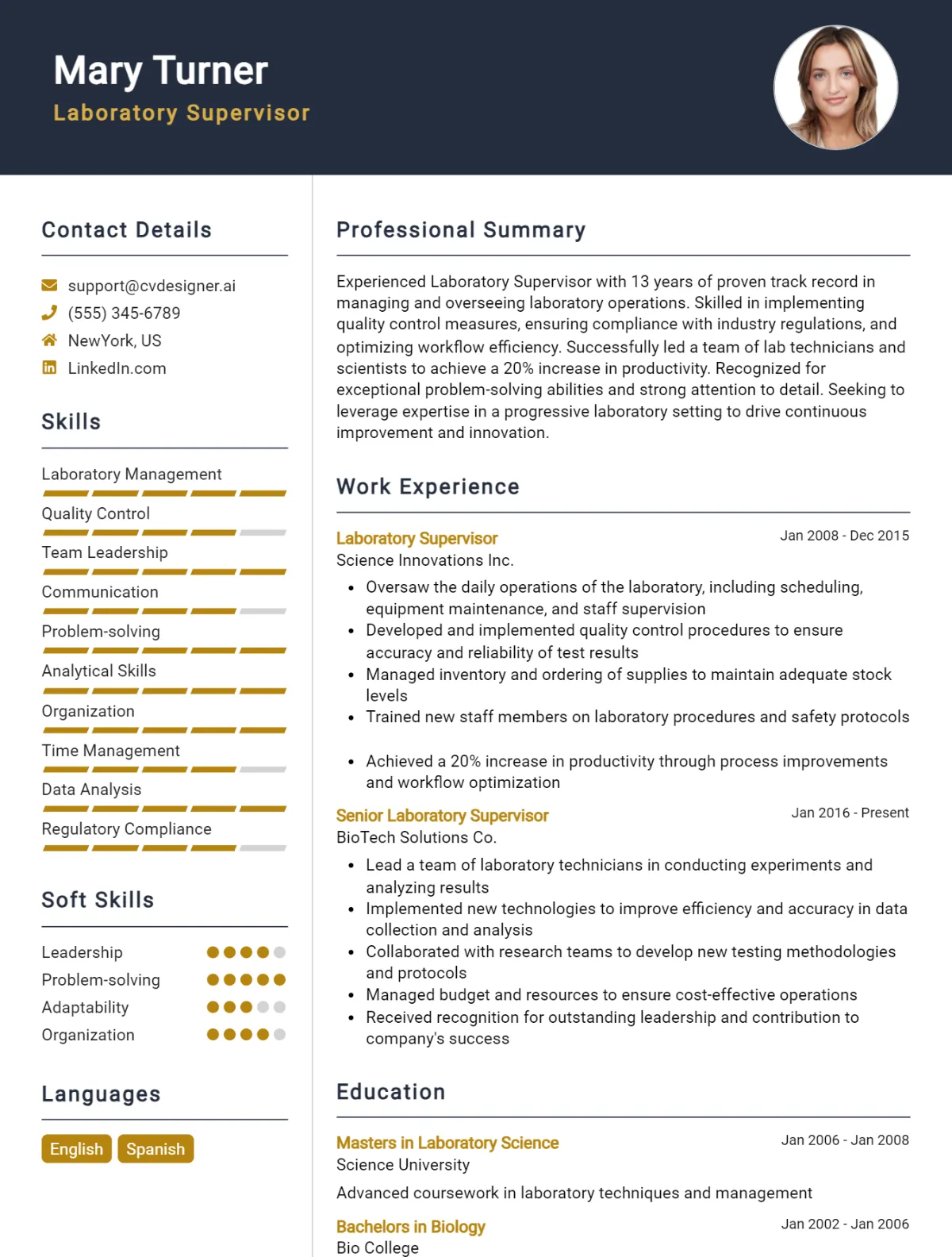 Laboratory Supervisor CV Example