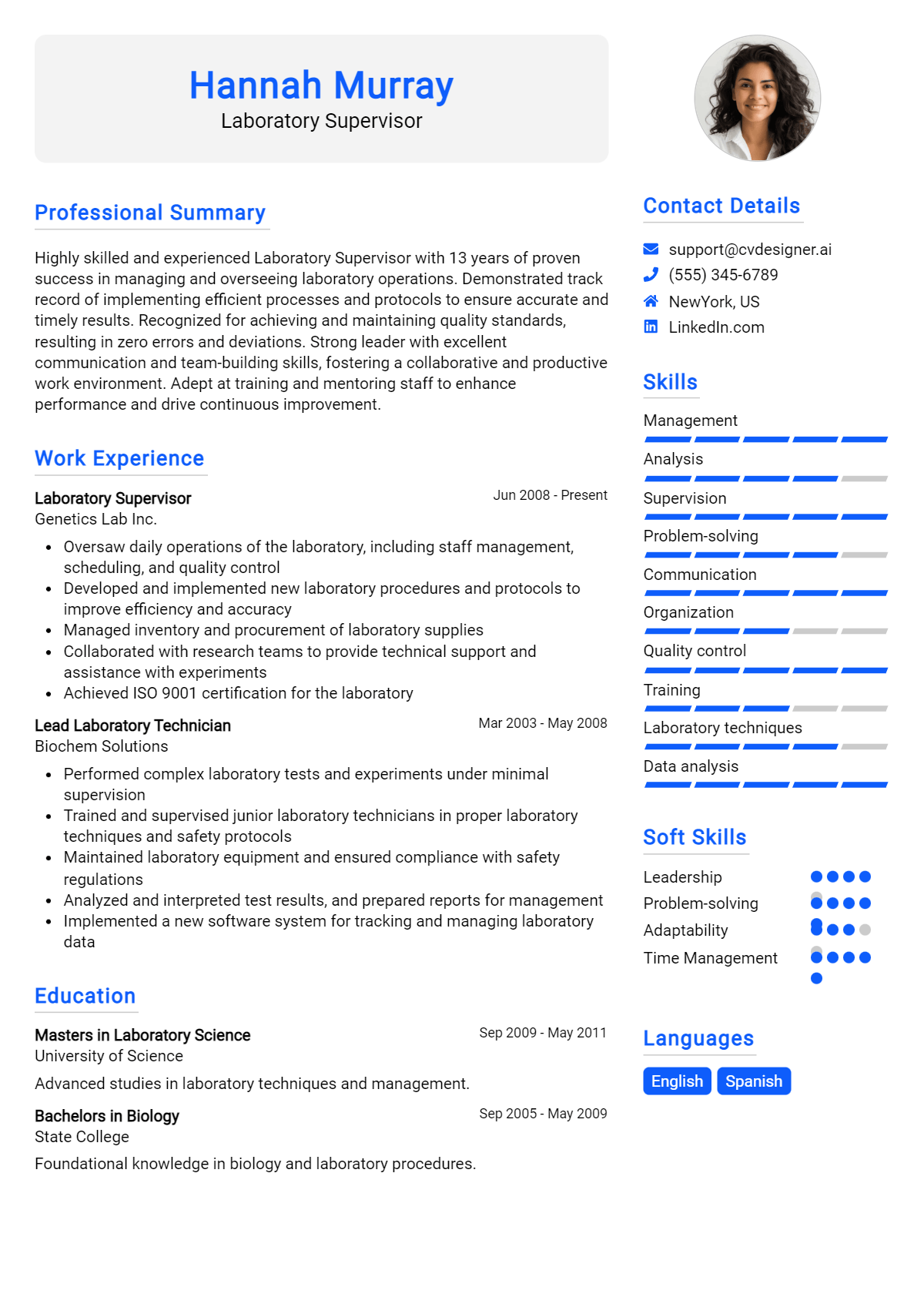 Laboratory Supervisor Resume Example