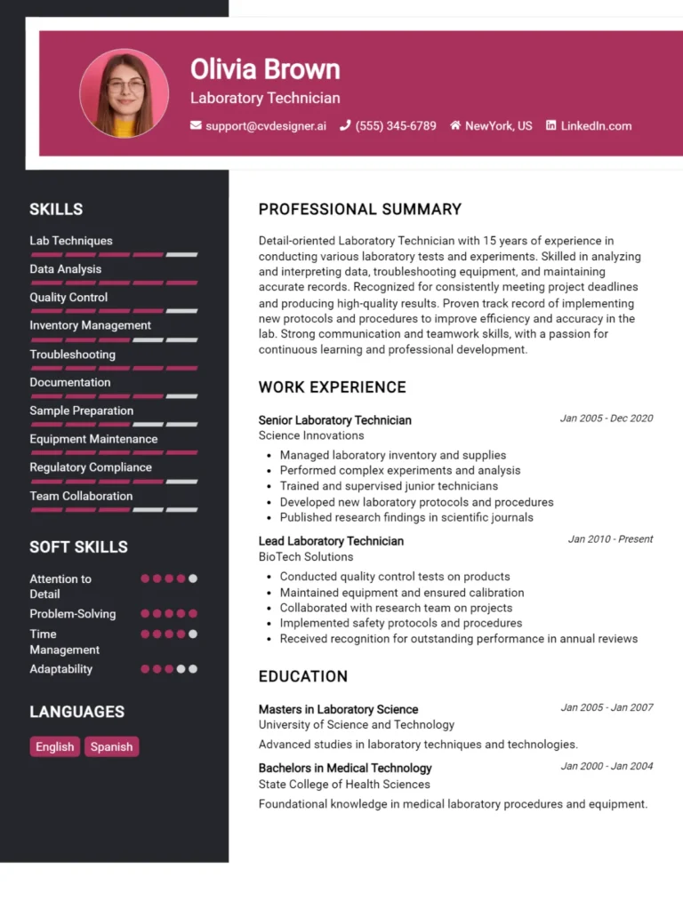 Laboratory Technician CV Example For 2025: Free Downloadable Templates