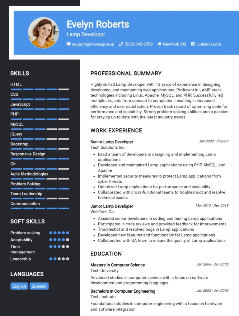 Lamp Developer CV Example For 2025: Examples & Free Templates