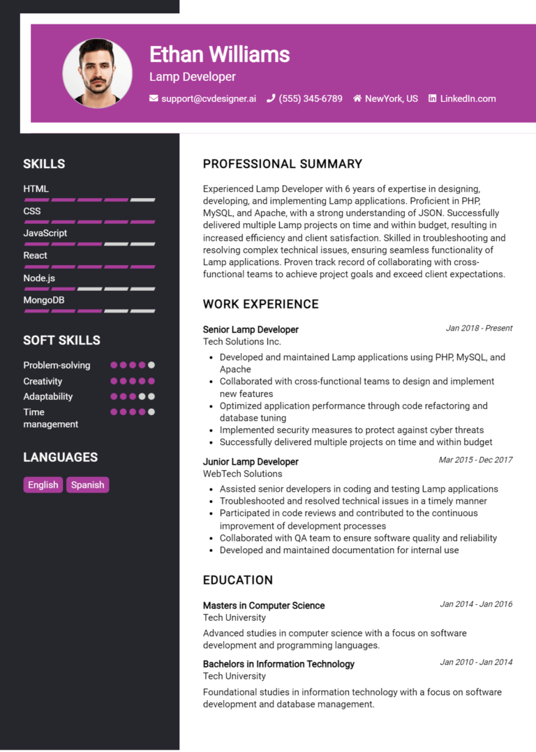 Lamp Developer Resume Example for 2025: Best Writing Guide