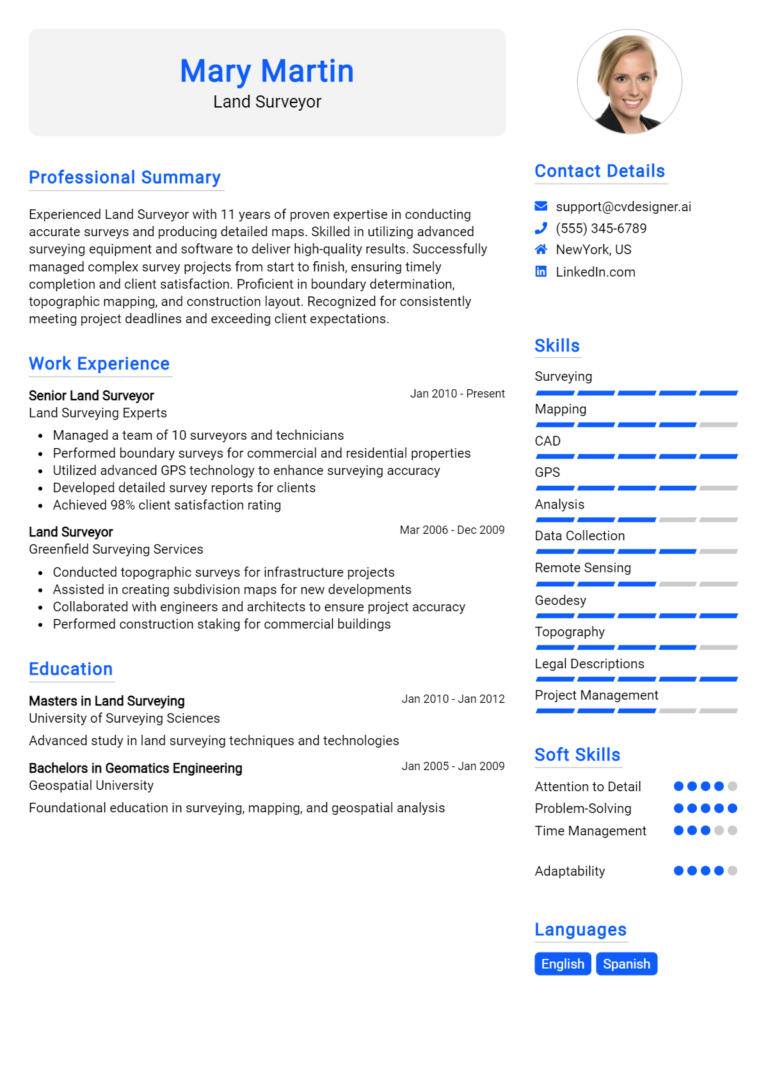 Land Surveyor Resume Example for 2025: Top CV Skills