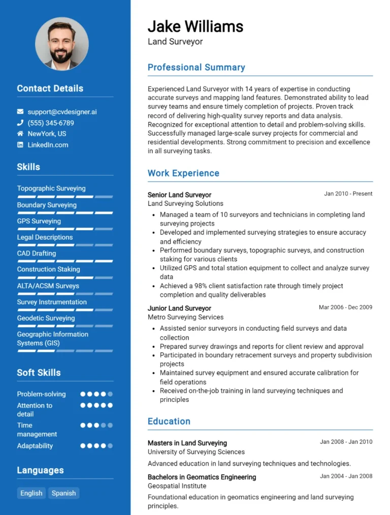 Land Surveyor CV Example For 2025: Free Downloadable Templates