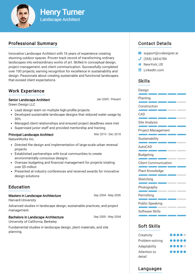 Landscape Architect Resume Example for 2025: Top Templates