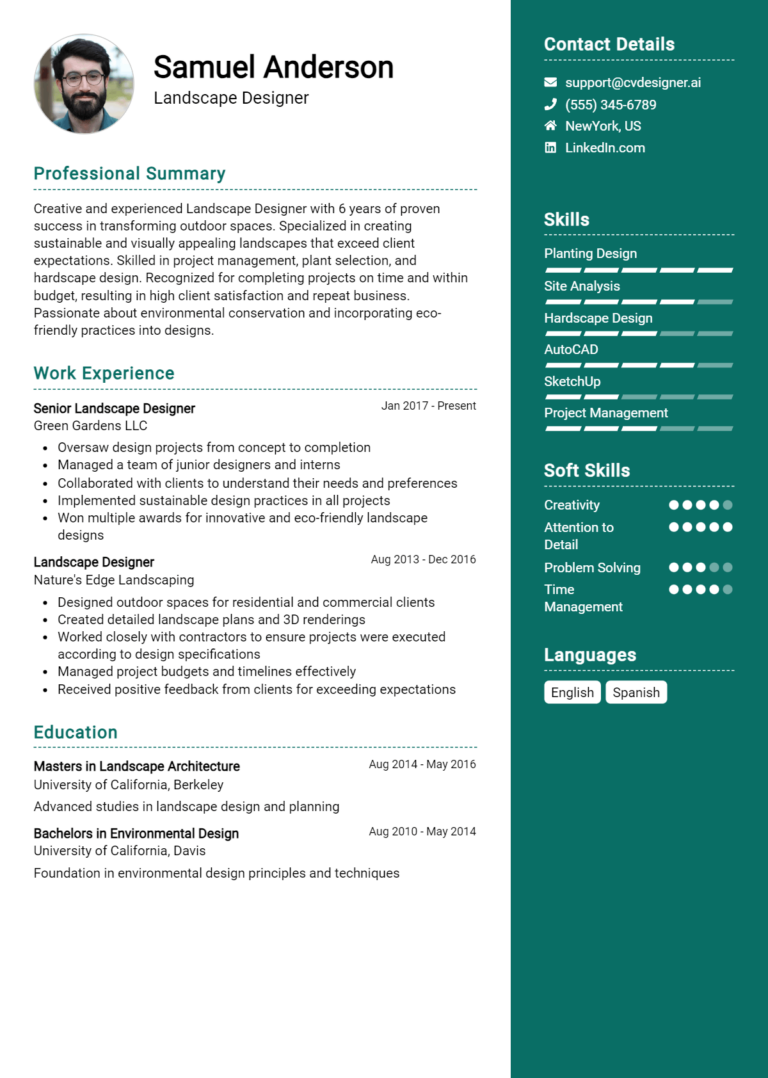 Landscape Designer Resume Example for 2025: Proven Tips & Templates