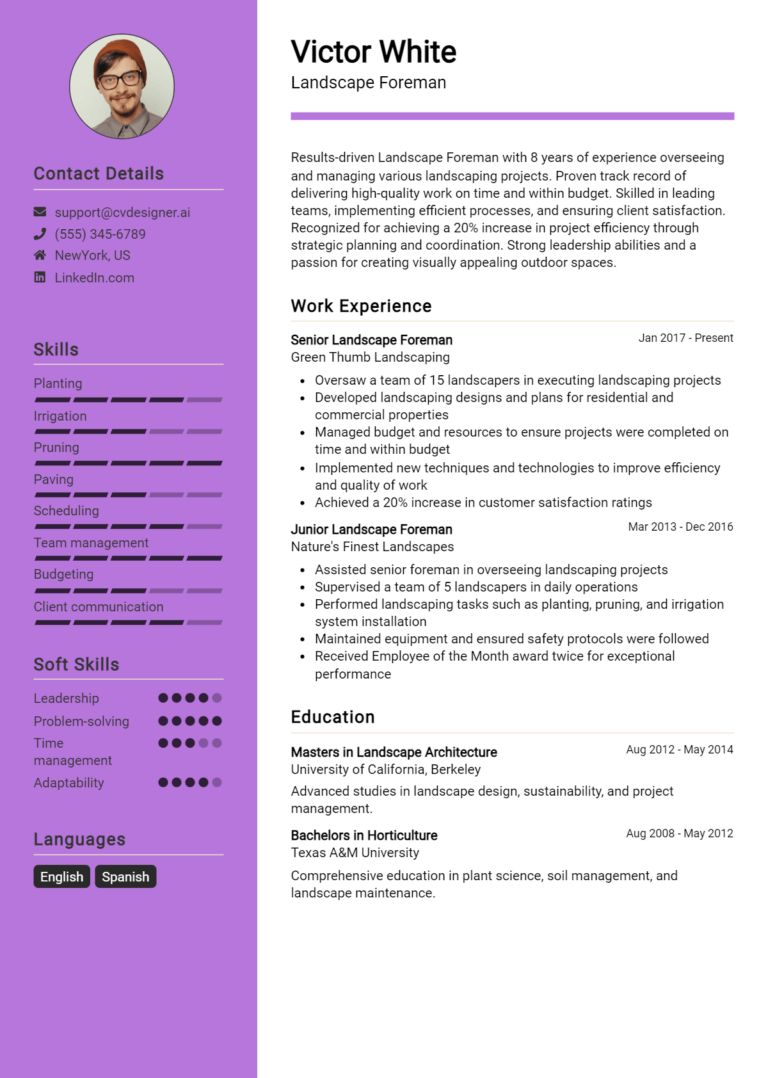 Landscape Foreman Resume Example for 2025: Effective CV Writing Tips