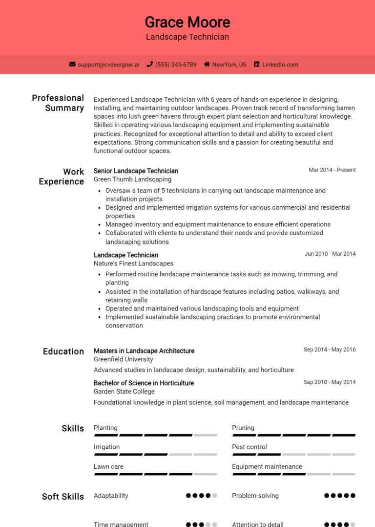 Landscape Technician Resume Example for 2025: Professional CV Templates