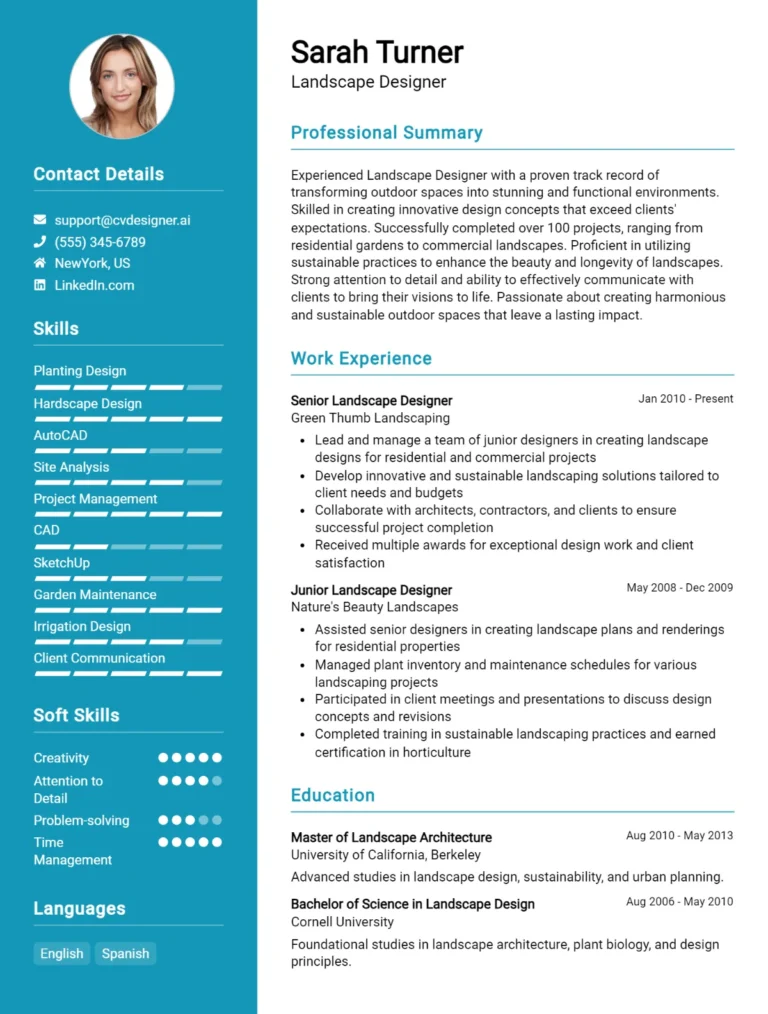 Landscape Designer CV Example For 2025: Best Writing Guide