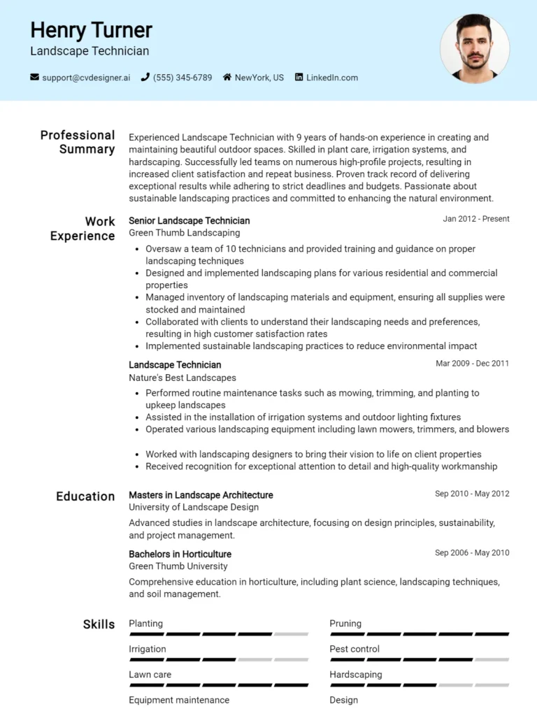 Landscape Technician CV Example For 2025: Examples & Free Templates