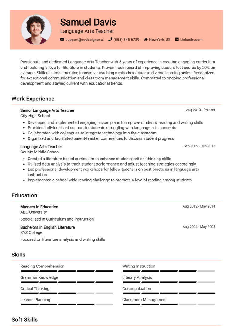 Language Arts Teacher Resume Example for 2025: Effective CV Writing Tips