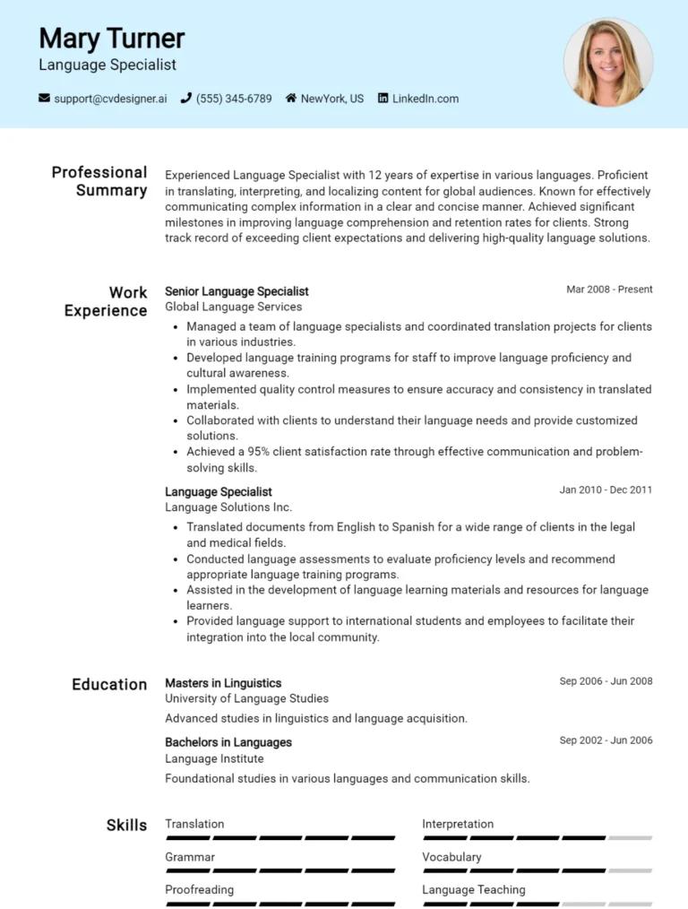 Language Specialist CV Example For 2025: How to Craft a Winning CV