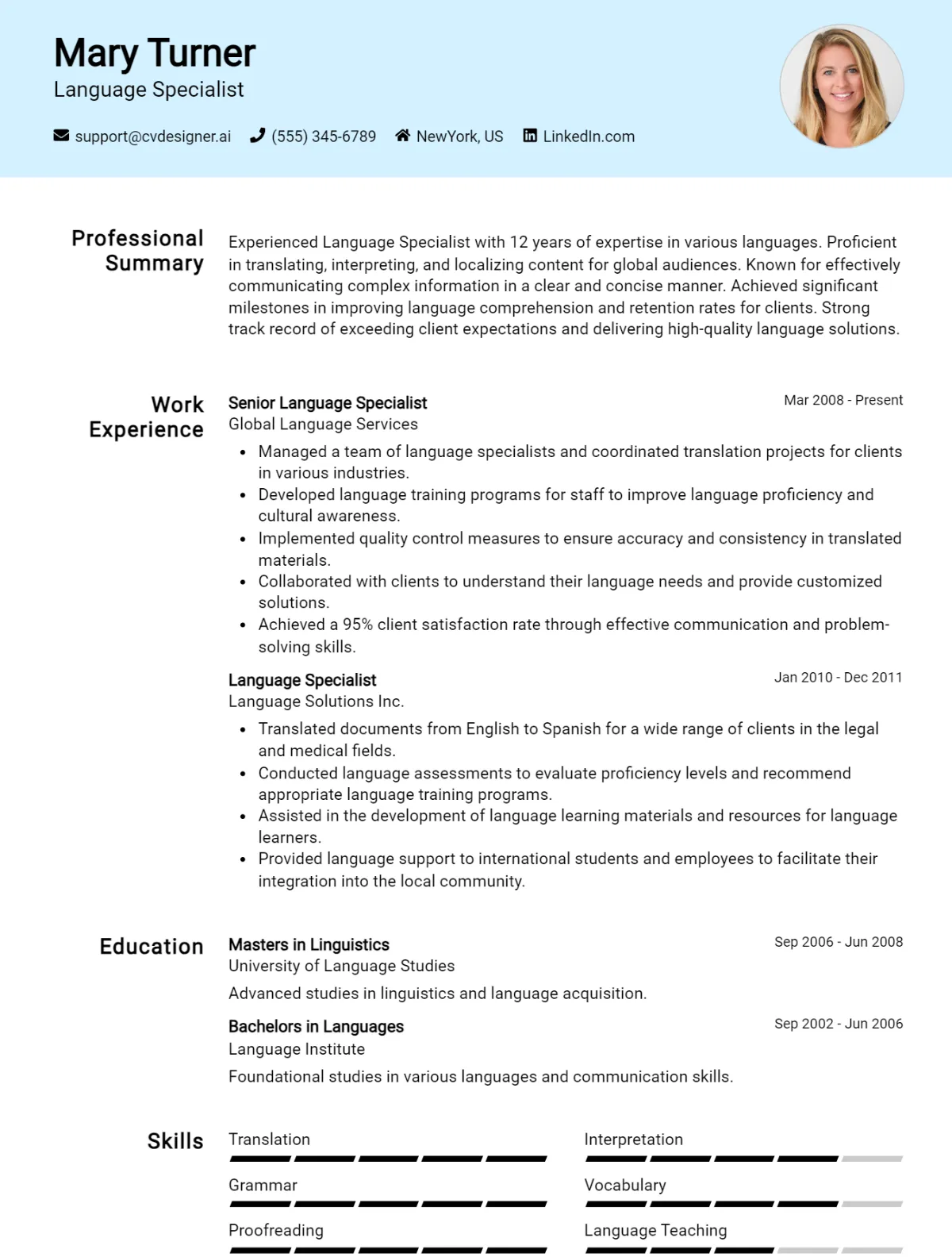 Language Specialist CV Example