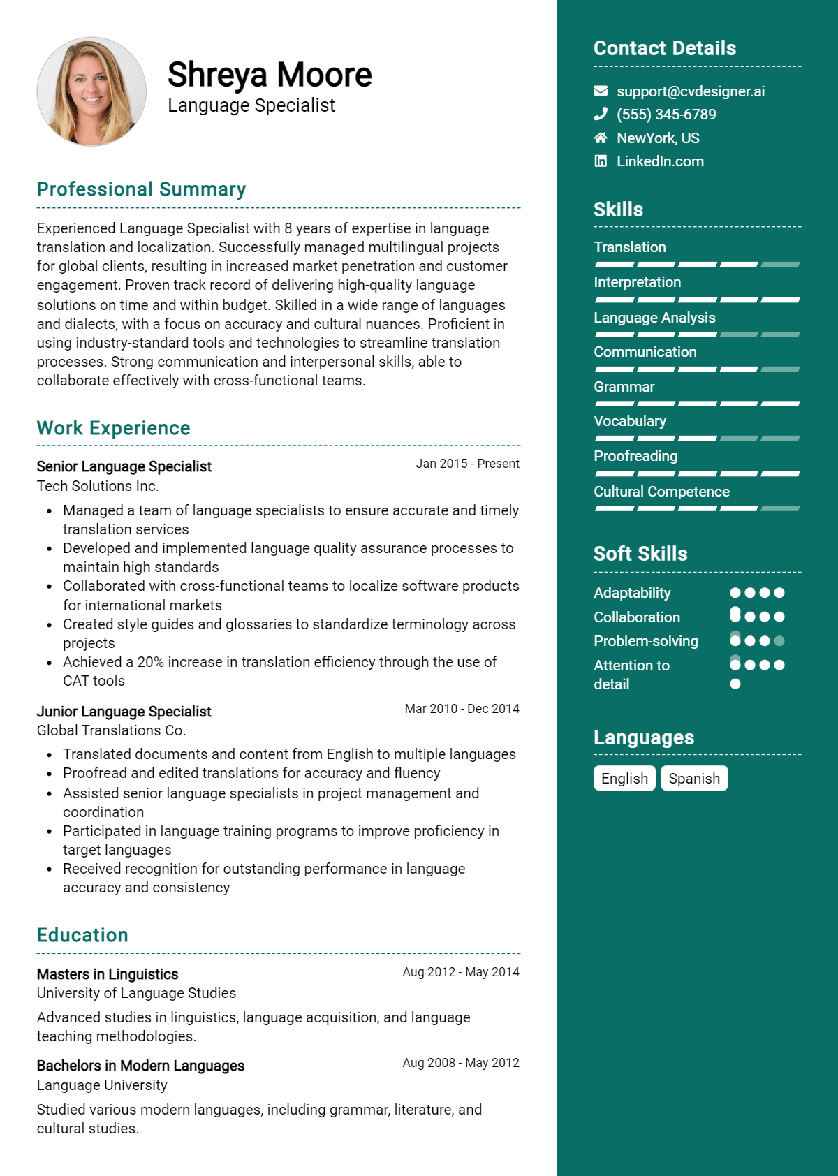 Language Specialist Resume Example
