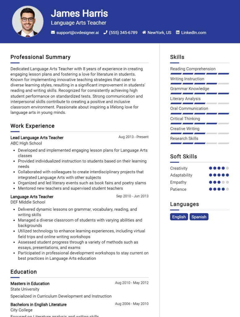 Language Arts Teacher CV Example