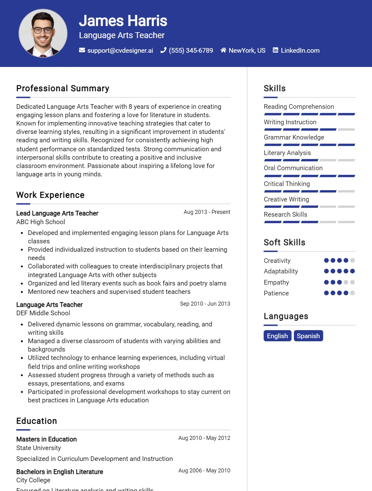 Language Arts Teacher CV Example