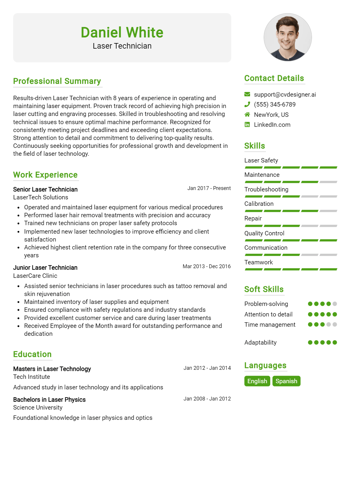 Laser Technician Resume Example