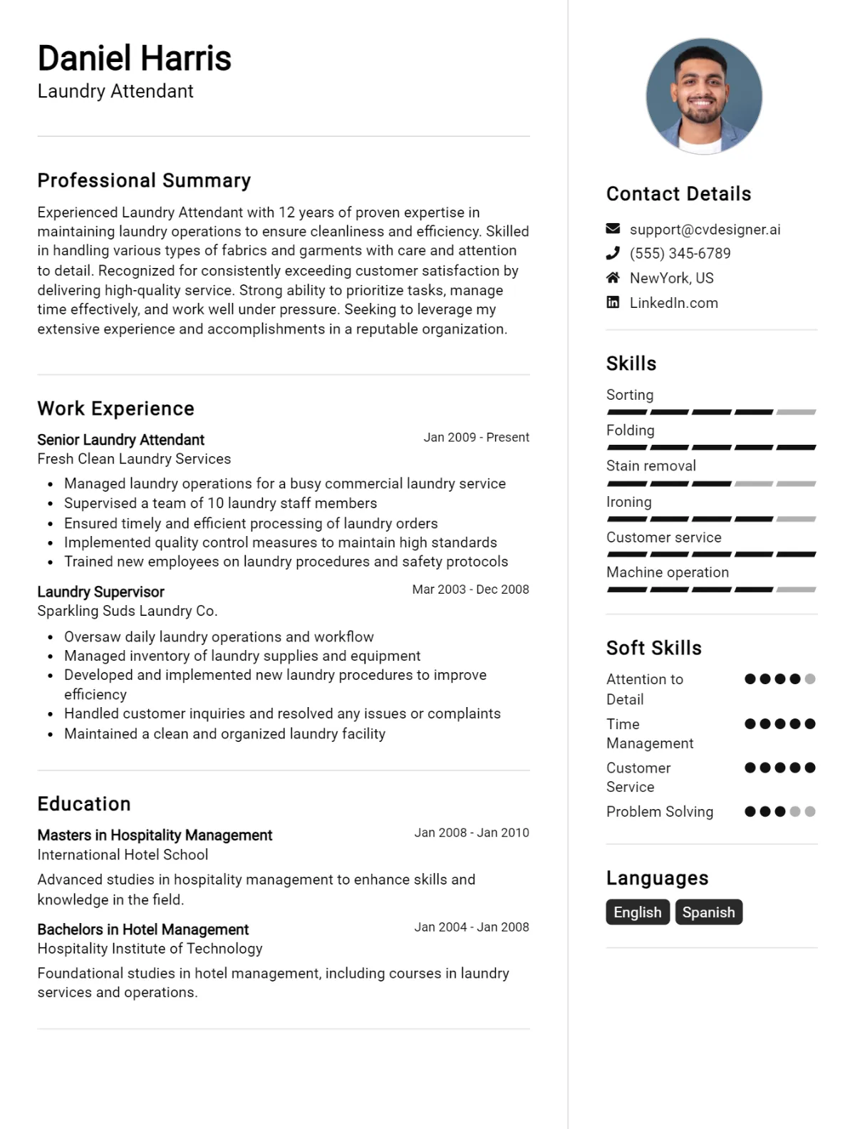 Laundry Attendant CV Example