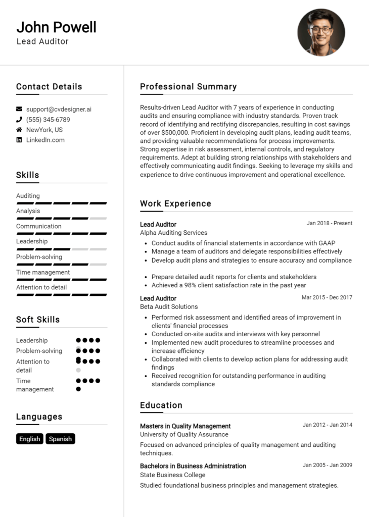Lead Auditor Resume Example