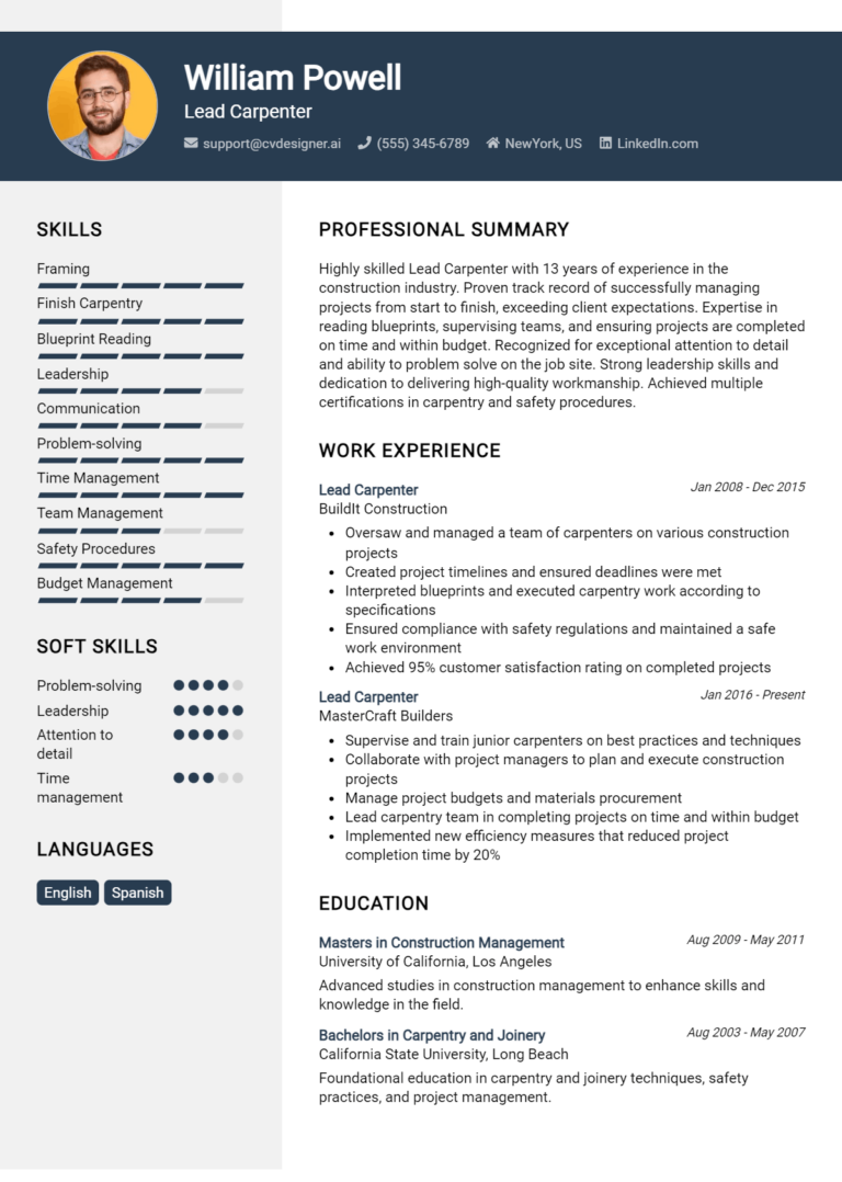 Lead Carpenter Resume Example for 2025: Ultimate Guide